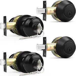 Probrico Entry Knobs Front Door Handles Exterior Lockset and Single Cylinder Deadbolt Combination Set, Flat Black (2 Pack) Keyed Alike