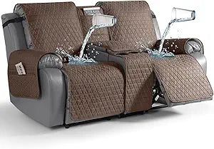 TAOCOCO 100% Waterproof Loveseat Recliner Covers with Console, Non Slip Recliner Covers that Stay in Place, Split Seat Design Washable Reclining Loveseat Cover with Elastic Straps, Brown