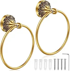 Hicarer 2 Pcs Brass Towel Ring Retro Gold Round Hand Towel Holder Wall Mounted Vintage Decorative Bathroom Accessories Brass Floral Carved Series for Bathroom Kitchen Accessories Handmade
