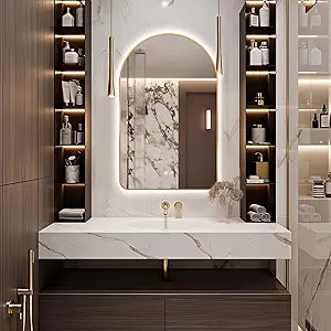 Niccy Arched LED Lighted Bathroom Mirror, 32x20 Inch Backlit Vanity Mirror with Lights Brushed Gold Framed Wall Mounted Mirrors with Dimmable 3 Color Shatterproof Arch Smart Fog Free Mirror