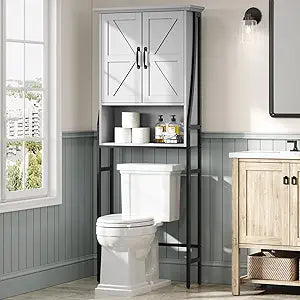 Over The Toilet Storage Cabinet, Over Toilet Bathroom Organizer with Barn Doors Above Toilet Storage Cabinet Spacesaver Rack Behind Toilet Bathroom Organizer (Gray)
