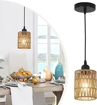 LAMSU 1-Light Rattan Pendant Lights, Boho Farmhouse Pendant Lighting with 4.75.9in Hand Woven Shade, Small Wicker Light Fixture Ceiling Hanging for Dining Room Kitchen, Height Adjustable up to 61in