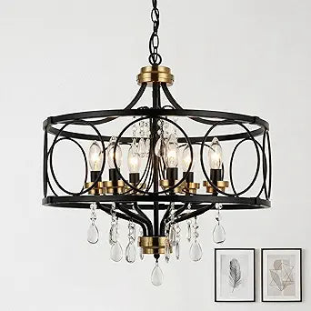 Modern Chandelier Black Metal Crystal Hanging Light 6 Light Dining Room Pendant Lighting Fixture for Farmhouse Bedroom Living Room Kitchen Entryway E12 Bulbs Not Included