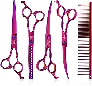 JASON Dog Grooming Scissors Set - Professional 6 in 1 Dog Shears Set - 7" Chunker, 7" Straight, 7" Up-Curved, 7" Down-curved Scissors and Comb for Cat Pet with Adjustable Screw Christmas Gift