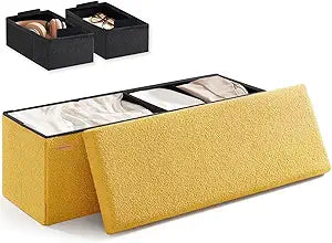 HAUSFRAU Ottoman with Storage, Sherpa Folding Storage Bench Foot Rest, Modern Upholstered Seat for Living Room, Entryway, Bedroom, Yellow
