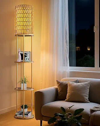 61" Rattan Floor Lamp with Shelves, 3-Tier Storage Shelves with 3000K E26 Bulb Included, 35lb Capacity Solid Wood Design, Corner Bookshelf Floor Lamps for Living Room, Bedroom Home Decor-Gold