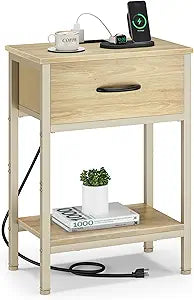 Vagusicc Nightstand with Charging Station, End Table with Fabric Drawer, Small Side Table with 2-Tier Storage Shelves, 25.4" Tall Night Stand, Bedside Table for Bedroom, Living Room, Dorm, Natural