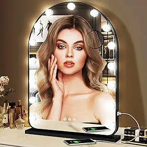 Hollywood Arch Black Vanity Makeup Mirror with Lights 15 Bulbs Dimmable 3Color Black Lighted Vanity Mirror for TableTop Wall Detachable Base X10 Magnifying Arch Makeup Desk Mirror with Lights
