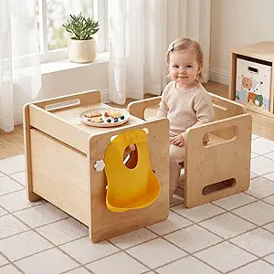 labebe Montessori Weaning Table and Chair Set - Adjustable Toddler Eating Table with Baby Bibs, Ideal for Mealtime & Learning, Nursery Birthday Gift