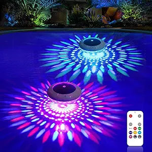 Floating Pool Lights w/Remote, 6.5 Inch RGB Color Changing Solar Pool Lights that Float with 9 Dynamic Lighting, IP68 Waterproof Hangable Solar Floating Light for Pool Garden Weeding Decor(2)
