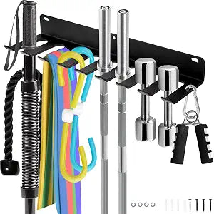 Tebery 9 Hook Home Gym Storage Rack Wall Mount, Fitness Equipment Organizer, Metal Gym Accessory Hanger for Exercise Bands, Jump Ropes, Barbells, Lifting Belts