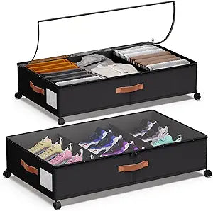 Under Bed Storage 2 Pack 66L for Dorm & Small Apartment - Rolling Containers with Wheels & Clear Lid, Metal Frame, Adjustable Dividers for Clothes/Shoes/Blankets, Easy Roll & See Inside, Black