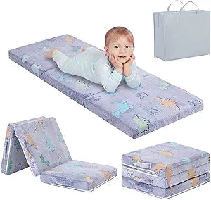 Tiita Kids Floor Mattress - Toddler Trifold Futon Mattress, Portable Foldable Play Mat for Naps and Playtime, Blue Dinosaur