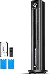 DREO Evaporative Air Swamp Cooler, 43" Cooling Fans that Blow Cold Air 2026 Upgraded, 80┬░ Oscillating Floor Fan for Bedroom, Easy Cleaning, APP Control, Ice Packs, 4 Speeds & 4 Modes, 12H Timer, Black