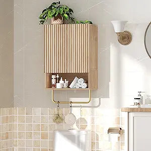 MAHANCRIS Bathroom Wall Cabinet, Wall Mounted Medicine Cabinets with Towel Bar & Adjustable Shelf, Over The Toilet Space Saver Storage Cabinet with 2 Doors, for Bathroom Laundry Room Kitchen, Natural