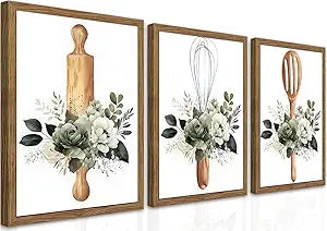 Modern Kitchen Canvas Wall Art Set of 3  Framed Minimalist Floral Plant Wall Decor, Flowers Kitchen Utensil Posters Prints for Kitchen Dining Room Home Decor  12x16in