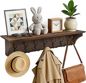 33" Coat Rack with Shelf Wall Mount, Pre-Assembled Solid Wood Coat Hooks with Shelf, Wall Coat Hanger with 7 Metal Triple-Hooks for Hanging Hat,Key,Clothes,Towel, for Entryway,Bedroom,Bathroom,Charred