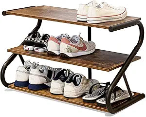 3-Tier Shoe Rack, Wooden Shoe Storage with S-Shaped Heavy Duty Metal Free Standing, Shoe Organizer Shelf for Front Door Entryway, Hallway, Living Room, Closet, Bedroom (Black & Rustic Brown)