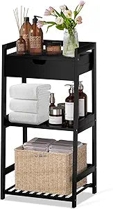 POXAKA 3 Tier Bamboo Bathroom Shelves with Drawer, Ladder Shelf for Bathroom Storage, Space-Saving Design, Stylish Display Nightstand, Stylish Storage Solution for Home, Living Room, Kitchen, Office
