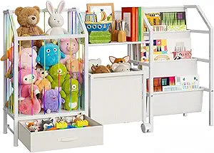 HOOBRO Kids Bookshelf and Toy Storage, 4-in-1 Book Shelf for Kids Rooms, Toy Storage Organizer with Stuffed Animal Storage, Drawer and Rolling Bin, Toddler Shelf for Nursery, Playroom, White WT39CW01