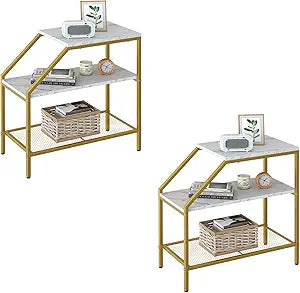 Wolawu End Table 3 Tiers 2pcs White Marble Wood Nightstand with Storage Ladder Shelf,Industrial Sofa Side Table for Small Space, Modern Trapezoid Plant Stand in Living Room Bedroom,Gold Metal Frame