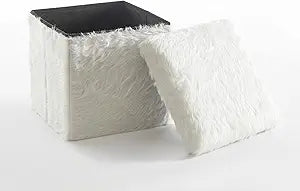 Urban Lifestyle Mongolian Fur Collapsible Storage Ottoman 15 Inch Square Soft White Modern Multipurpose Footrest Bench Living Room Furniture Accent Dcor