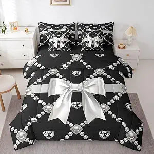 Feelyou Cartoon Bow Comforter Set with Sheets 7 Piece Twin Size Bowknot Bed in a Bag Kids Boys Girls Diamond Pearl Pattern Bedding Set Kawaii Bow Tie Bedroom Decor Soft Lightweight Microfiber