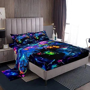 Feelyou Kids Gamer Bed Sheets Set Full Size, Galaxy Gaming Sheet Set Glitter Game Comforter Cover Boys Girls Gamepad Teens Bedspread Cover Bedroom Decor with 2 Pillow Case