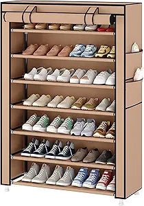 Laiensia 7-Tier Vertical Shoe Rack Organizer, Space Saving Shoe Storage Organizer, Non-Woven Cover Shoe Shelf Holds 28-35 Pairs for Bedroom, Hallway, Closet Entryway, Brown