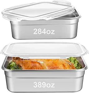 2 Pcs Large Stainless Steel Marinating Containers with Lids, Food Storage Containers for Refrigerator, Leak-proof & Stackable for Meal Prep, Meat(389oz/11.5l + 284oz/8.4l,No Handle)