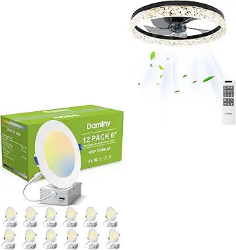 DAMINY 12 Pack 6 Inch 5CCT Recessed Light and 20inch Black Modern Ceiling Fans with Lights and Remote, 6CCT,Flush Mount Bladeless Ceiling Fan