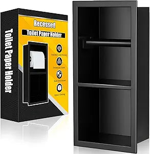 Recessed Toilet Paper Holder, Matte Black Toilet Paper Roll Holder Built-in Bathroom Tissue Roll Holder with Storage, Stainless SteelRust-Proof and Space-Saving