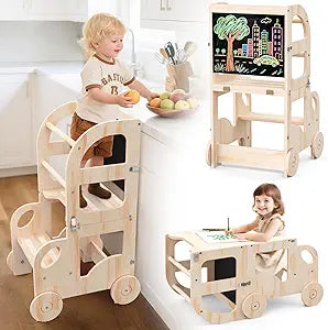 Toddler Kitchen Step Stool, Car Shape Learning Standing Tower with Blackboard, Wooden Kitchen Stool Helper, Foldable Chair & Table for Kids, Ideal 1-3 Year Old Boy Girl Gifts