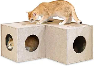 PETKARAY Cat Tunnel, Original Cat Hideaway Cave for Indoor Cats, Large Kitten Play Tubes and Tunnels, Soft Felt Cat Toy with Interactive Peek Hole, Beige L Shape