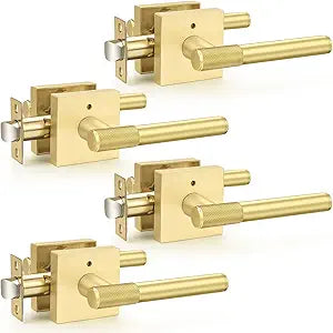 Probrico Privacy Door Handles in Brushed Gold, Knurled Square Interior Lever with Lock, for Bedroom Bathroom Doors, 4 Pack