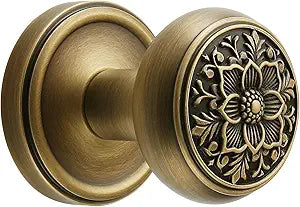 Antique Brass Door Knob with Intricate Floral Design  Passage Handles Elegant and Durable for Interior Doors, Classic Vintage Look for Home or Office Decor (Antique Brass, Passage-2.375 in)