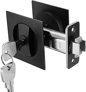 Matte Black Pocket Door Lock with Key, Pocket Door Pull Handle with Lock Square Door Lock for Privacy Sliding Door Bifold Bathroom Door Locks and Pulls Hardware
