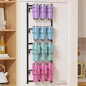 Housolution 4 Tier Metal Water Bottle Organizer, Upgraded Bottom Support Design for 10 to 40 oz Cup, Wall/Door Mounted Hanging Tumbler Storage Holder Rack Compatible with Stanley and Other Brands