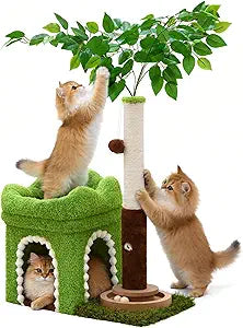 Woochpet Small Cat Tree with Scratching Post and Ball Track, Green Cat Tower with Lifelike Leaves for Kittens and Small Cats, 2-Door Cat Condo and Interactive Cat Toys for Indoor Cats