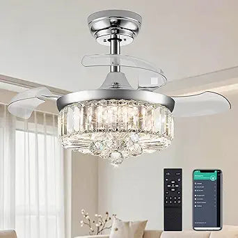 DuMaiWay 30" Chandelier Ceiling Fan with Light Crystal Modern Fandelier Reversible Ceiling Fan Dimmable Retractable Timer for Bedroom Dining Living Room Silver Chrome