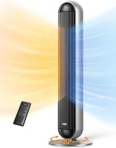 DREO Tower Fan and Heater Combo, 29.2ft/s Standing Fans for Bedroom, 17 Levels, 6 Modes, 120┬░ Oscillation, 42 Inch, 12H Timer, 25dB Quiet, with Remote, for Office, Large Room, Silver