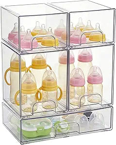 UFORU Baby Bottle Organizer,Stackable Storage Drawers 5 packs,Clear Acrylic Organizer Bins with Non-Slip Pads,Pull-Out Drawers for Makeup,Kitchen Countertop,Bathroom,Vanity,Cabinet,Pantry Organization