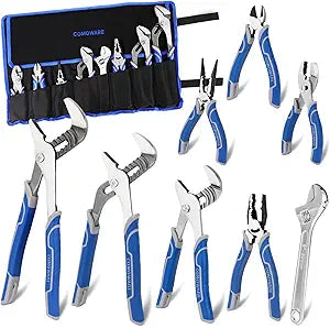 COMOWARE 8Pcs Pliers Set, 12", 10", 8" Groove Joint Pliers, 8" Adjustable Wrench, 8" Linesman, 6" Long Needle Nose, 6" Slip Joint, 6" Diagonal, Roll-Up Pouch Organizer, Rust-proof Black Oxide Coating