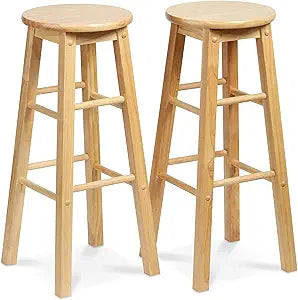 PJ Wood 29 Inch Tall Classic Round Seat Kitchen Counter Bar Stools 2 Pack with 4 Square Legs for Homes, Dining Spaces, and Bars, Natural
