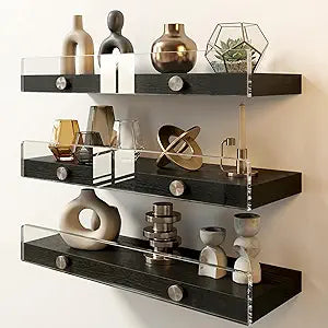 3 Pack Wooden Floating Shelves for Wall with Acrylic Front Lip, 15.7 IN Wall Mounted Rustic Style Shelves for Bathroom, Bedroom, Living Room, Kitchen, Hanging Shelves, Black