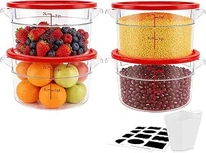 4-Pack Food Storage Container with Lid,Round Plastic Storage Box with Scale & Grip Perfect for Cake Prep, Marinating, Dough Mixing, Kitchen Supplies (Red, 2QT)