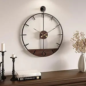 16 Inch Wall Clock, Modern Decorative Clock with Walnut Wood Dial, Silent Non-Ticking Battery Operated Black Metal Frame for Living Room, Kitchen, Office, or Bedroom Wall Decor, Black and Brown