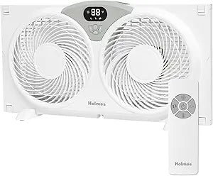 Holmes 9 Inch Digital CleanBreeze Window Fan with Programmable Thermostat Reversible Twin Blades Remote Control Water Resistant Quiet Cooling for Bedroom Living Room Home White