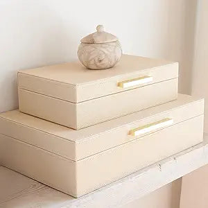 ZICOTO Decorative Storage Boxes with Lids  Set of 2 Beautiful PU Leather Organizer Bins for Your Bookshelf Home Decor - Safely Store Photos, Documents and Memory Box Keepsakes in Style