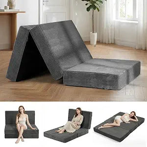 Erament Folding Mattress 6 inch, Tri Fold Twin Size Mattress Foldable Futon Sofa Bed with Corduroy Cover, Memory Foam Mattress Topper with Carry Handle (Gray, Twin)